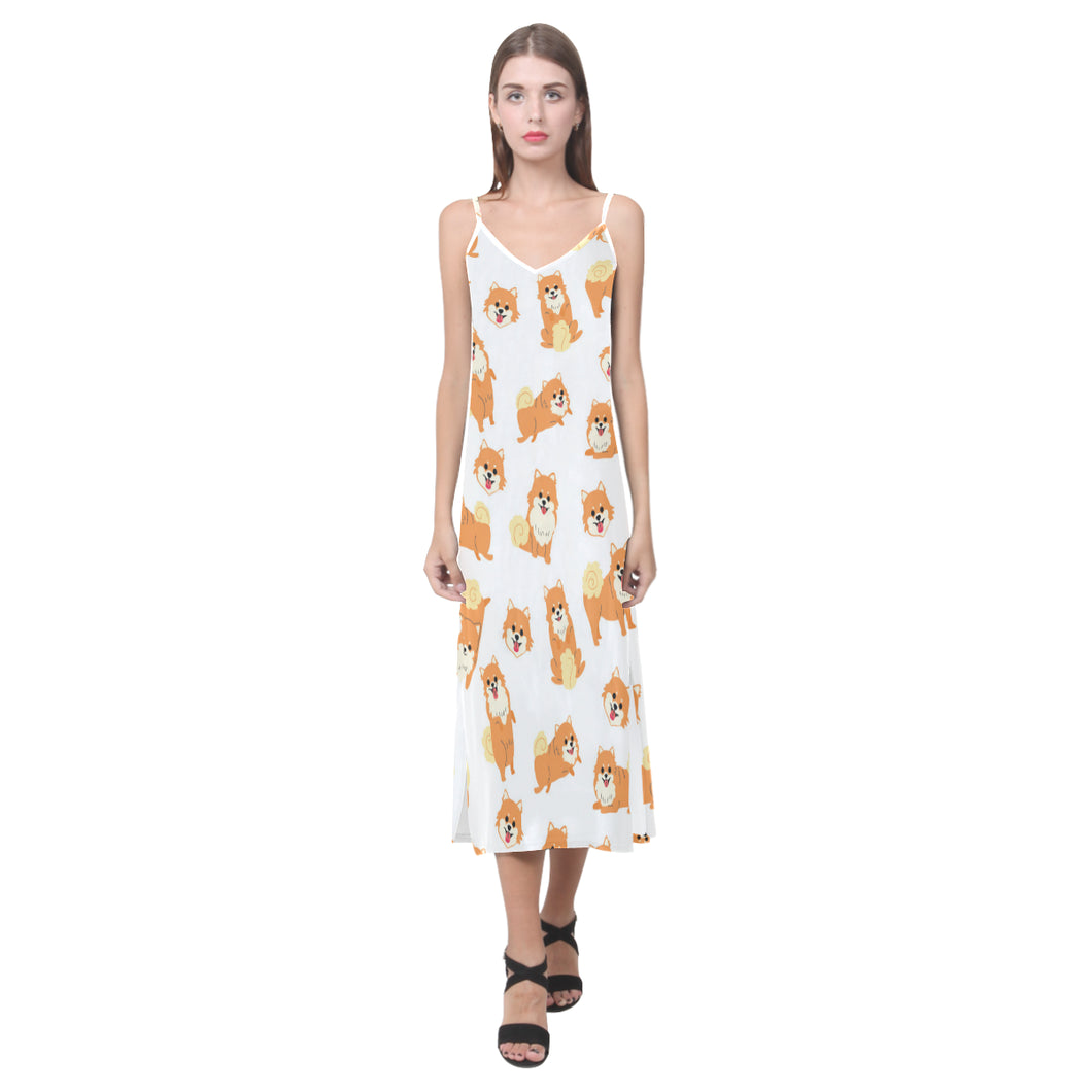 Brown pomeranian pattern V-Neck Open Fork Long Dress
