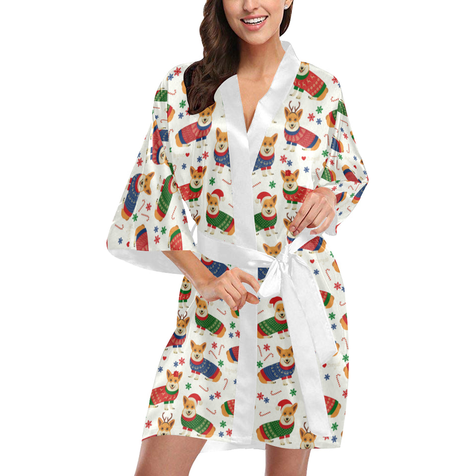 Corgi Christmas Pattern Women's Short Kimono Robe
