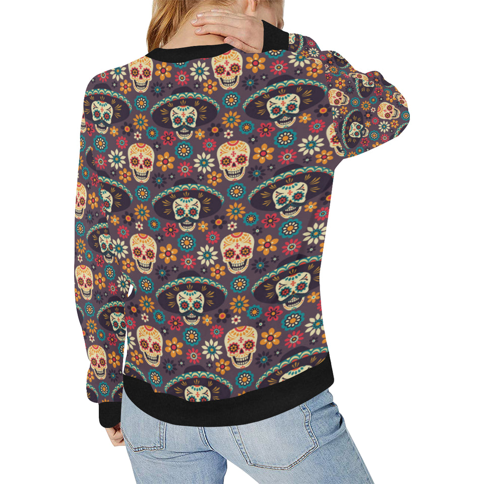 Sugar skulls flower maxican pattern Women's Crew Neck Sweatshirt