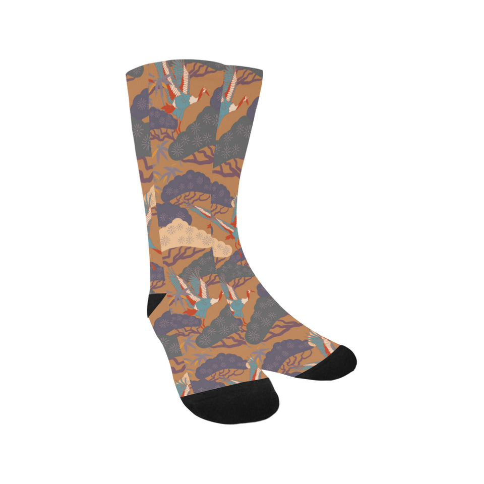 Bonsai bamboo stork japanese pattern brown theme Crew Socks