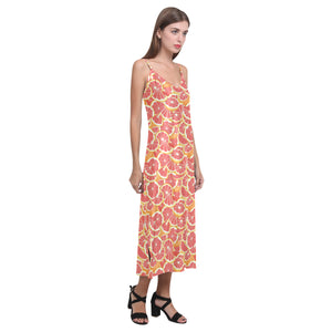 Tropical grapefruit pattern V-Neck Open Fork Long Dress