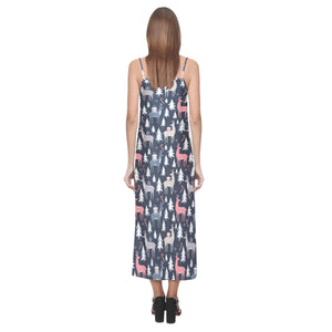 Deers Winter Christmas pattern V-Neck Open Fork Long Dress