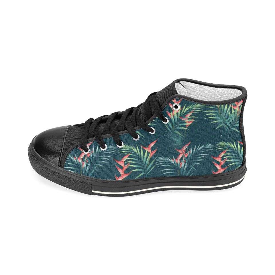 heliconia flowers, palm and monstera leaves on bla Women's High Top Canvas Shoes Black