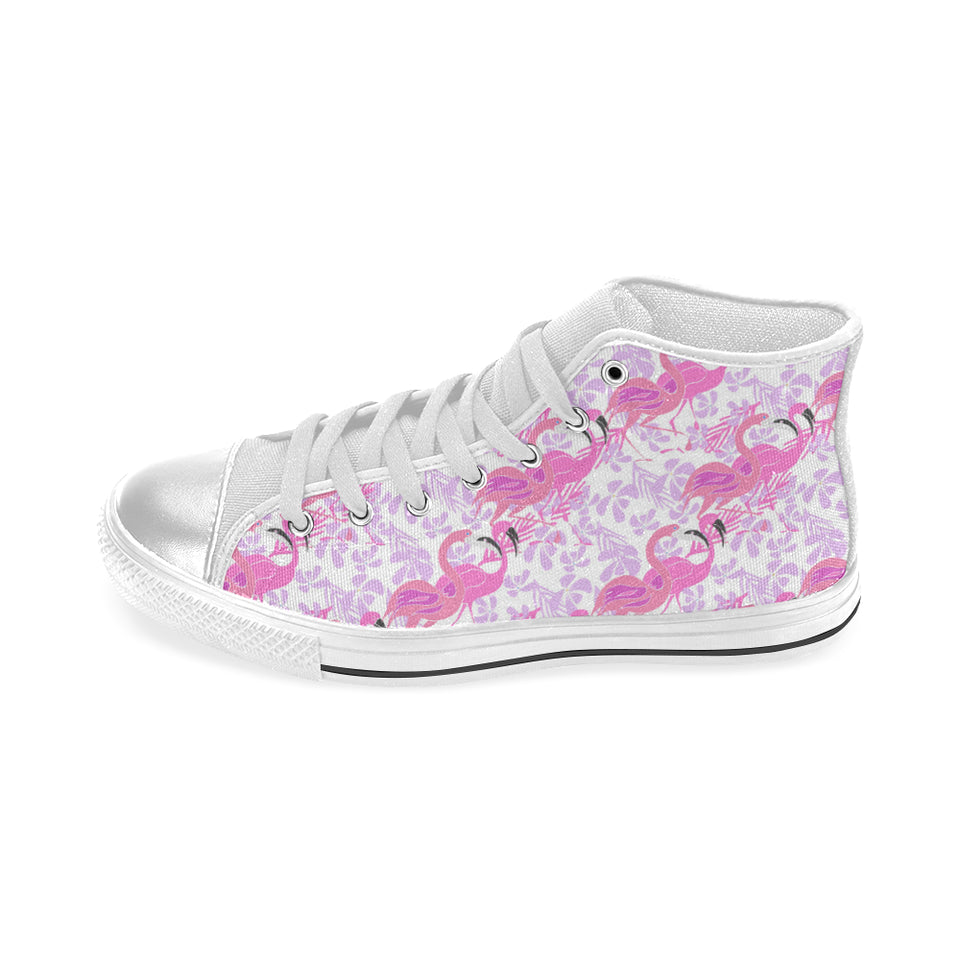 Pink flamingo flower pattern Women's High Top Canvas Shoes White