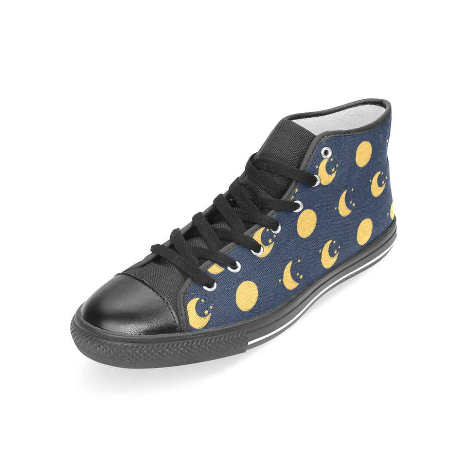 Moon star pattern Women's High Top Canvas Shoes Black