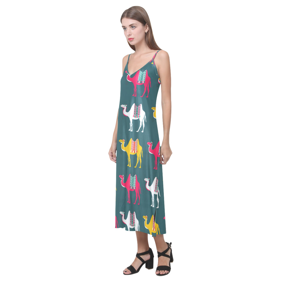 Camel pattern V-Neck Open Fork Long Dress