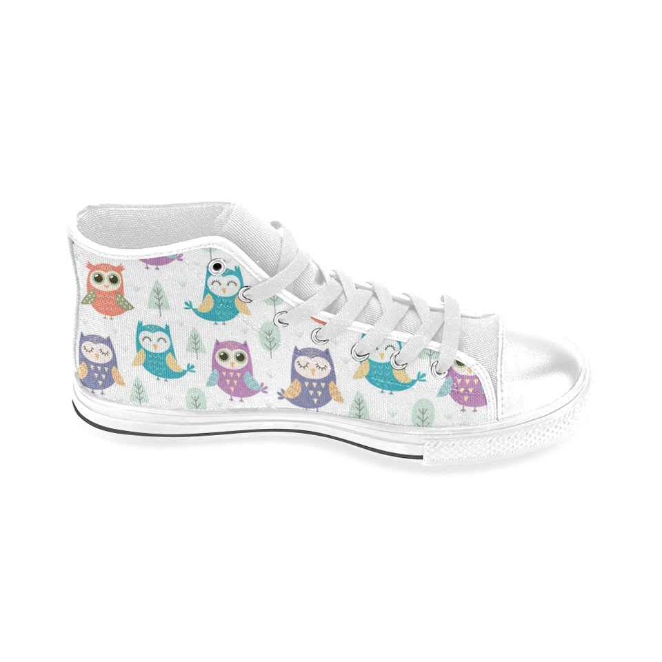 Cute owl pattern Men's High Top Canvas Shoes White