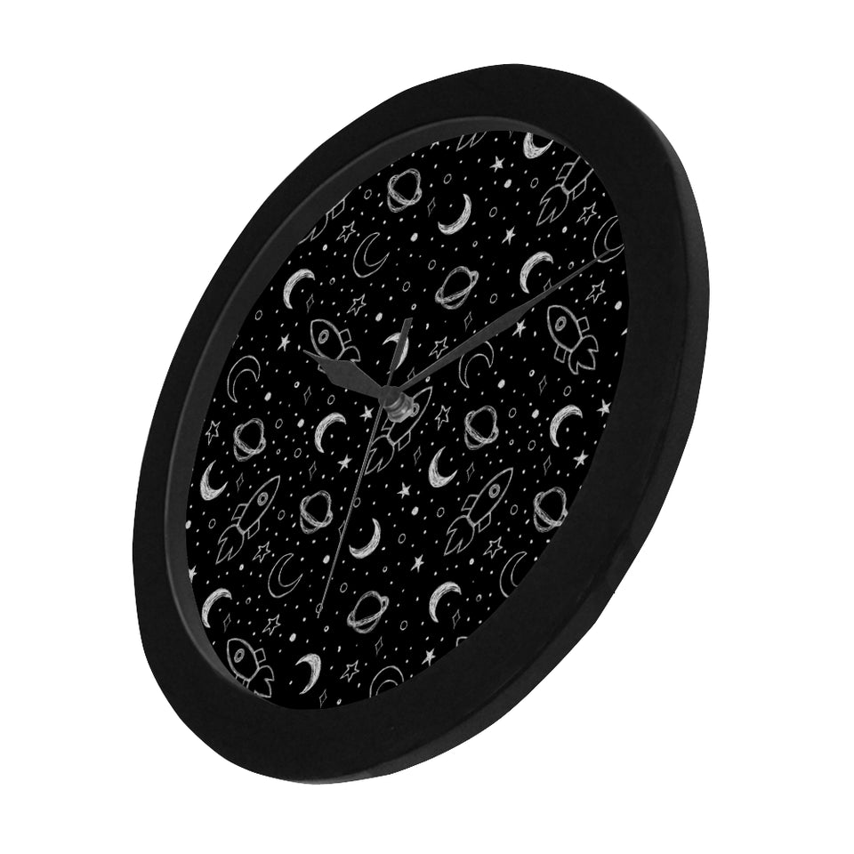 Hand drawn space rocket star planet Elegant Black Wall Clock