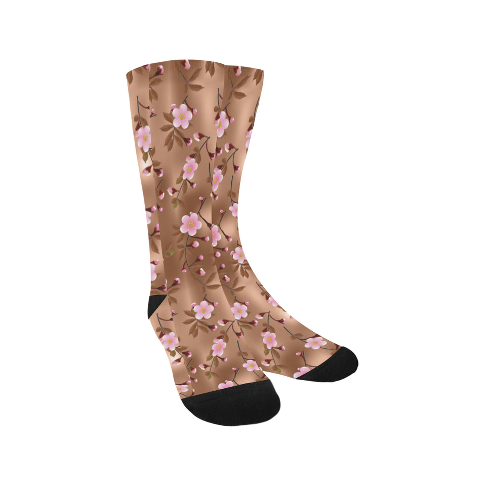 Pink sakura cherry blossom drak brown background Crew Socks