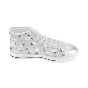 Airplane cloud grey background Women's High Top Canvas Shoes White