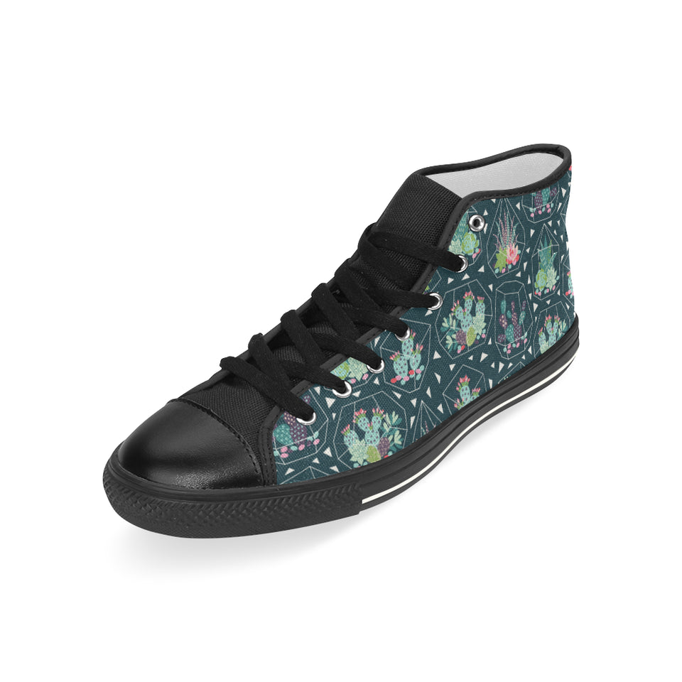 Cactus glass terrarium pattern Men's High Top Canvas Shoes Black