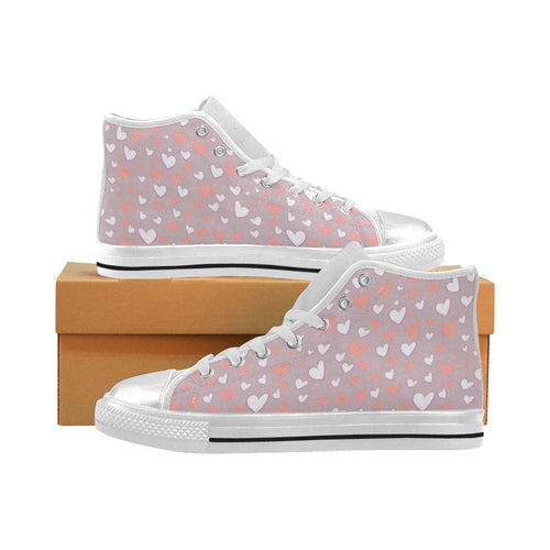 coral white heart pattern Women's High Top Canvas Shoes White