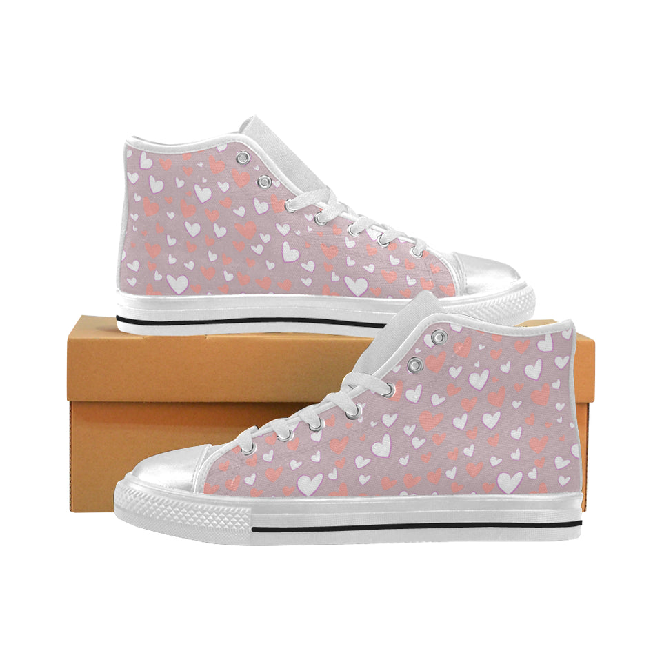 coral white heart pattern Women's High Top Canvas Shoes White