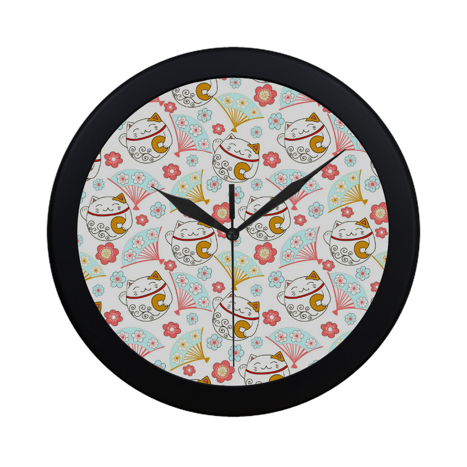 Maneki neko cat fan sakura Elegant Black Wall Clock