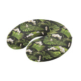 White orchid flower tropical leaves pattern blackg U-Shaped Travel Neck Pillow
