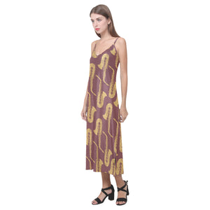 Hand drawn gold saxophone red background V-Neck Open Fork Long Dress