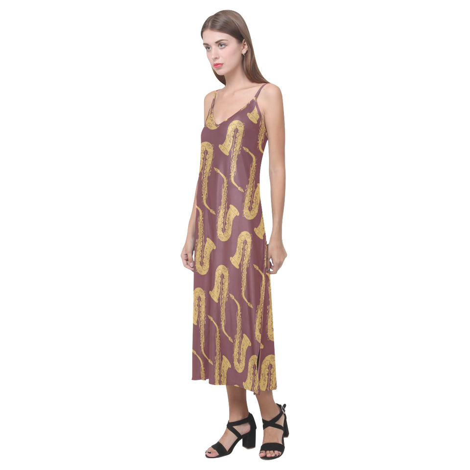 Hand drawn gold saxophone red background V-Neck Open Fork Long Dress