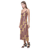Hand drawn gold saxophone red background V-Neck Open Fork Long Dress