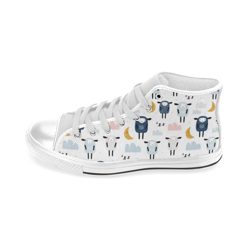 Cute sleeping sheep moon cloud pattern Men's High Top Canvas Shoes White