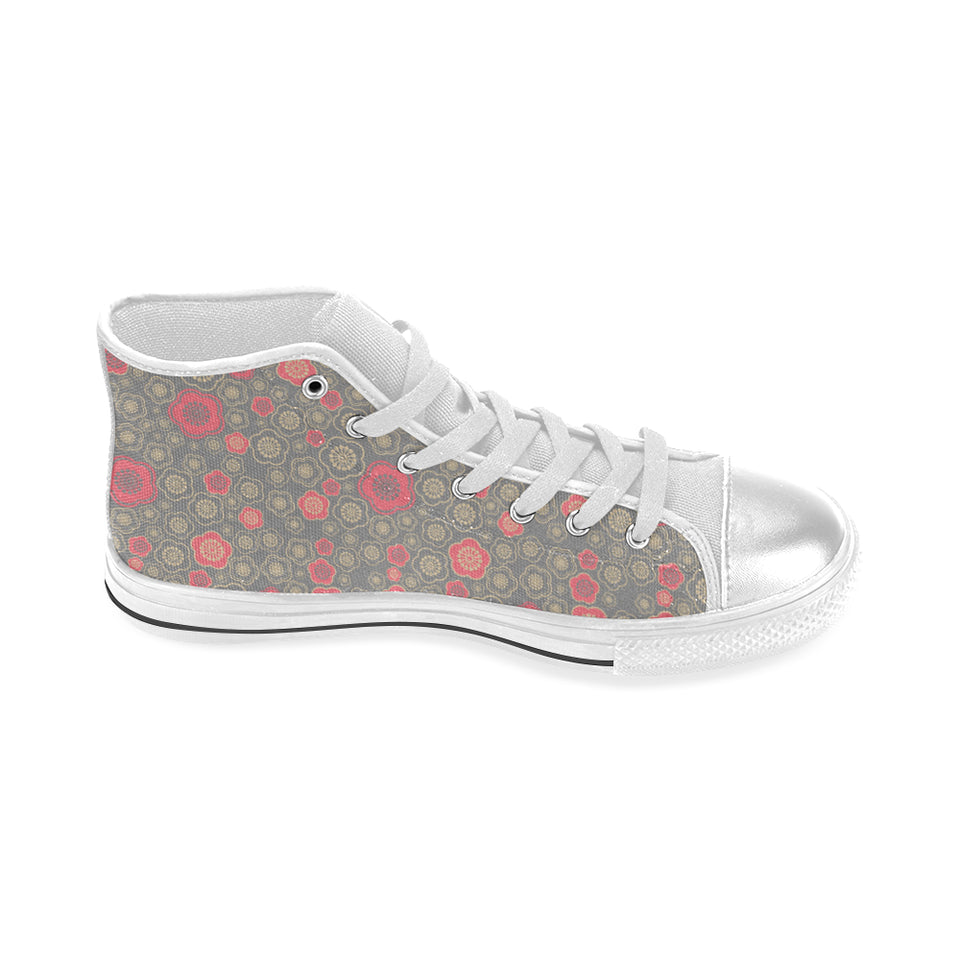 Red gold Sakura cherry blossom gray background Women's High Top Canvas Shoes White