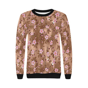 Pink sakura cherry blossom drak brown background Women's Crew Neck Sweatshirt