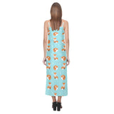 Fox pattern blue b ackground V-Neck Open Fork Long Dress