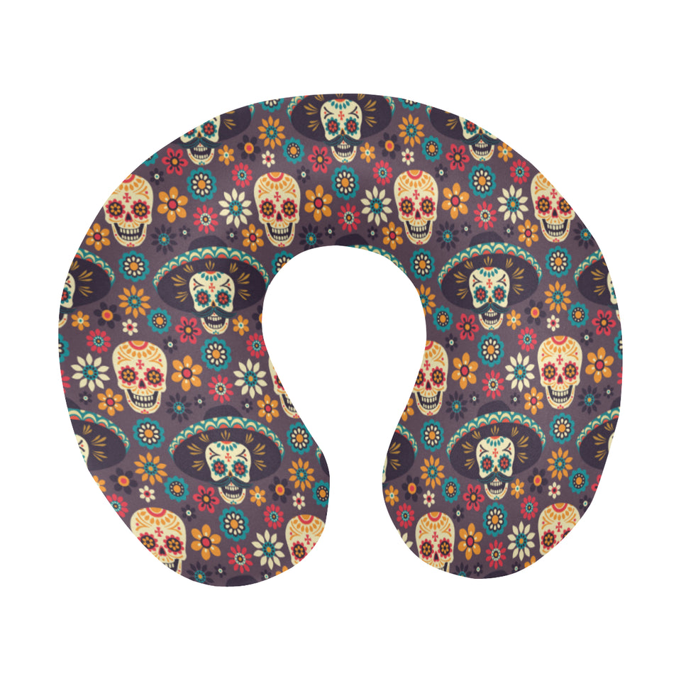 Sugar skulls flower maxican pattern U-Shaped Travel Neck Pillow