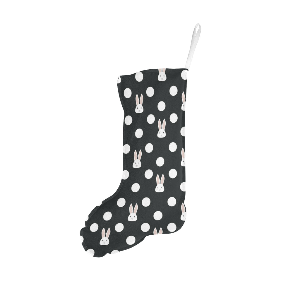 Cute white rabbit polka dots black background Christmas Stocking