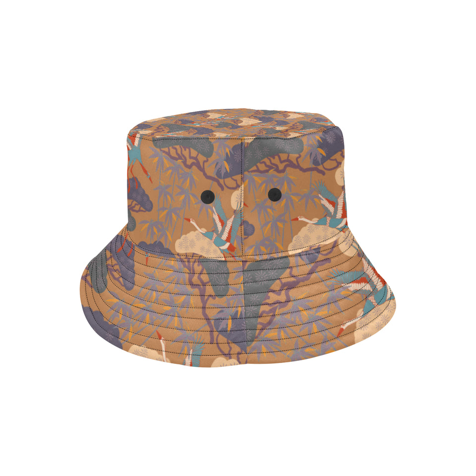 Bonsai bamboo stork japanese pattern brown theme Unisex Bucket Hat