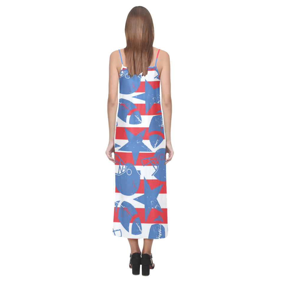 American football ball star stripes pattern V-Neck Open Fork Long Dress
