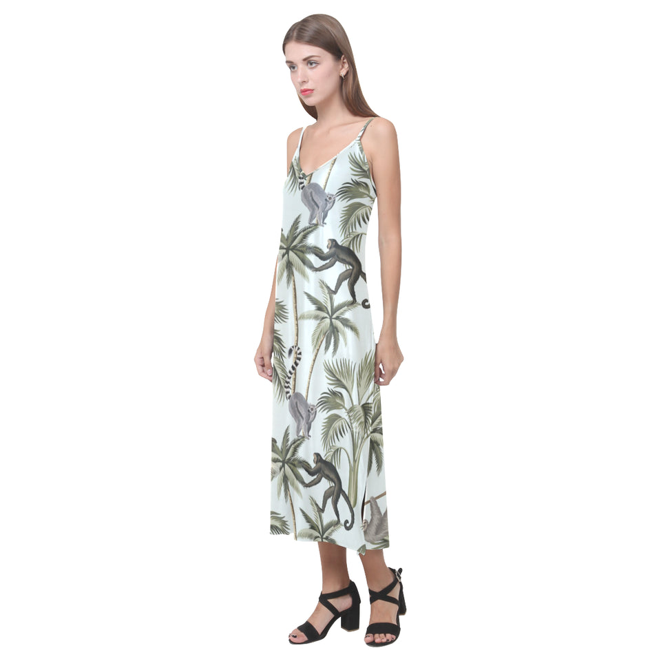 Monkey sloth lemur palm trees pattern V-Neck Open Fork Long Dress