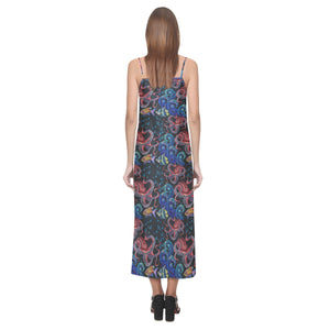 Octopus sea wave tropical fishe pattern V-Neck Open Fork Long Dress