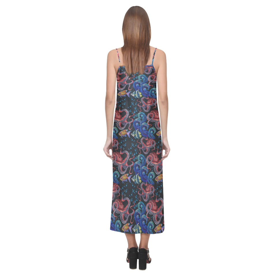 Octopus sea wave tropical fishe pattern V-Neck Open Fork Long Dress