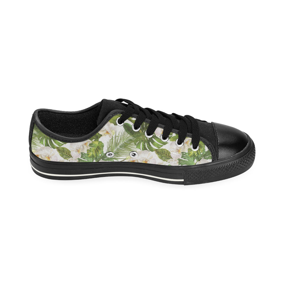 White orchid flower tropical leaves pattern Men's Low Top Canvas Shoes Black