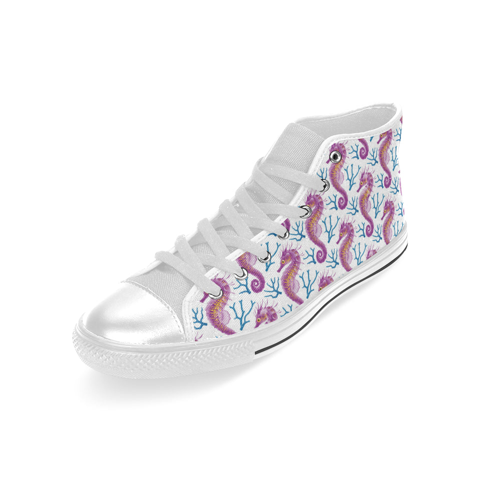 Purple seahorse blue coral pattern Men's High Top Canvas Shoes White