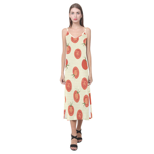 Tomato dot background V-Neck Open Fork Long Dress