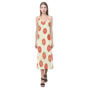 Tomato dot background V-Neck Open Fork Long Dress