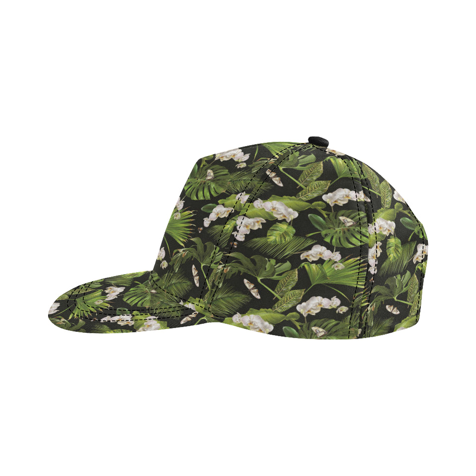 White orchid flower tropical leaves pattern blackg All Over Print Snapback Cap