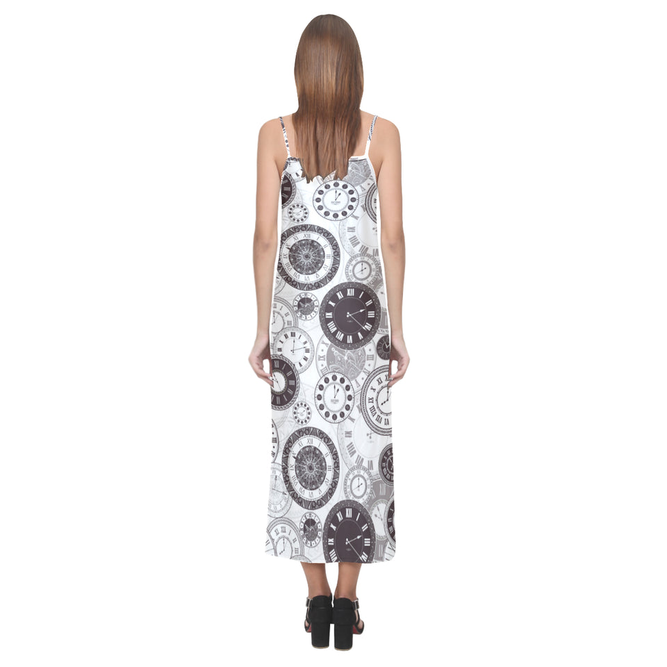 Classic vintage clock pattern V-Neck Open Fork Long Dress