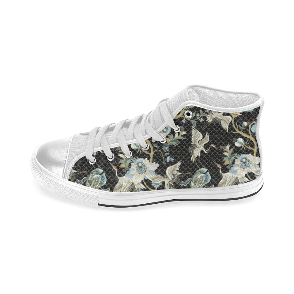 Japanese crane ornament elements Women's High Top Canvas Shoes White