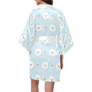White cute pomeranian pattern Women's Short Kimono Robe