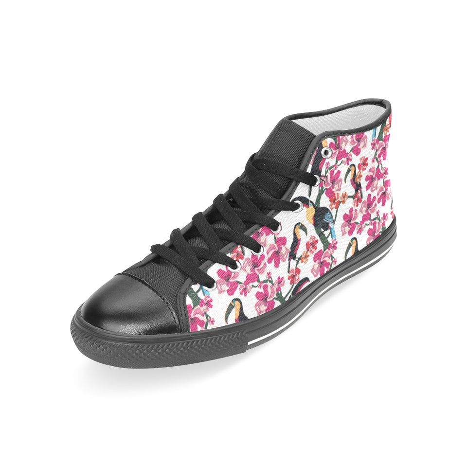 Toucan flower design pattern Women's High Top Canvas Shoes Black