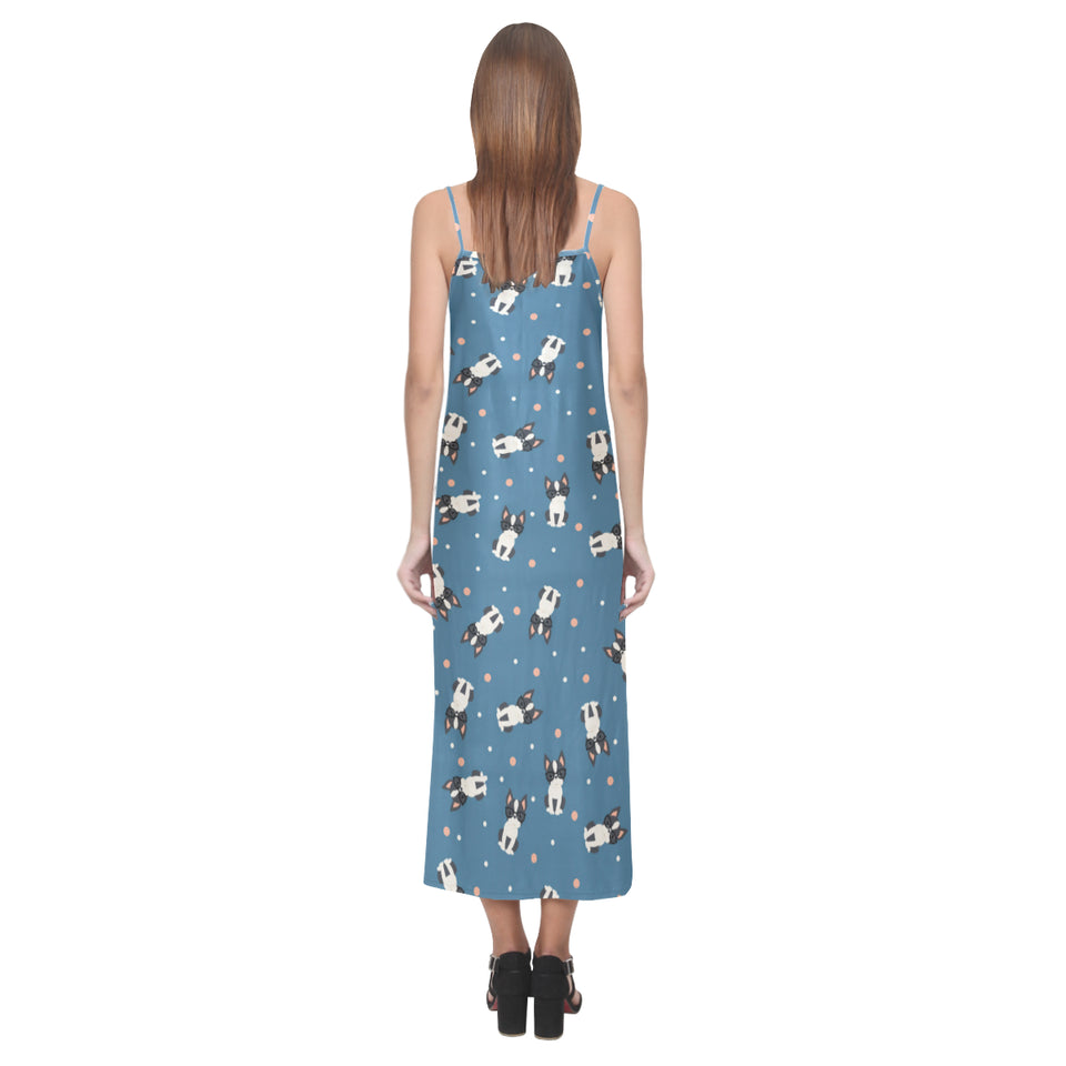 Cute boston terrier dog spattern V-Neck Open Fork Long Dress