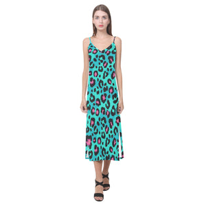 Green leopard skin print pattern V-Neck Open Fork Long Dress