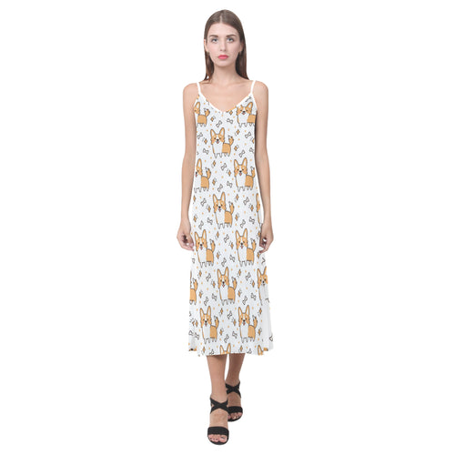Cute corgi heart star bone pattern V-Neck Open Fork Long Dress