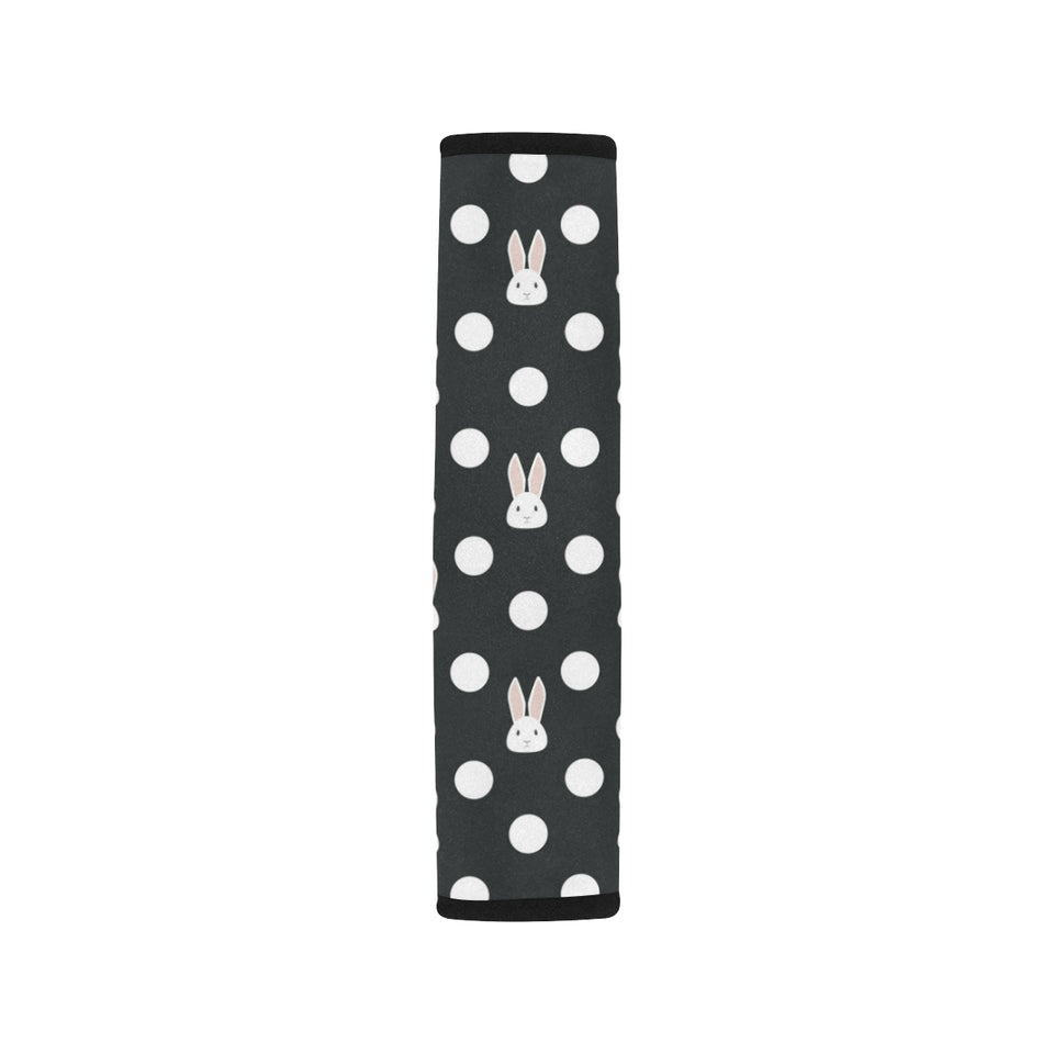 Cute white rabbit polka dots black background Car Seat Belt Cover