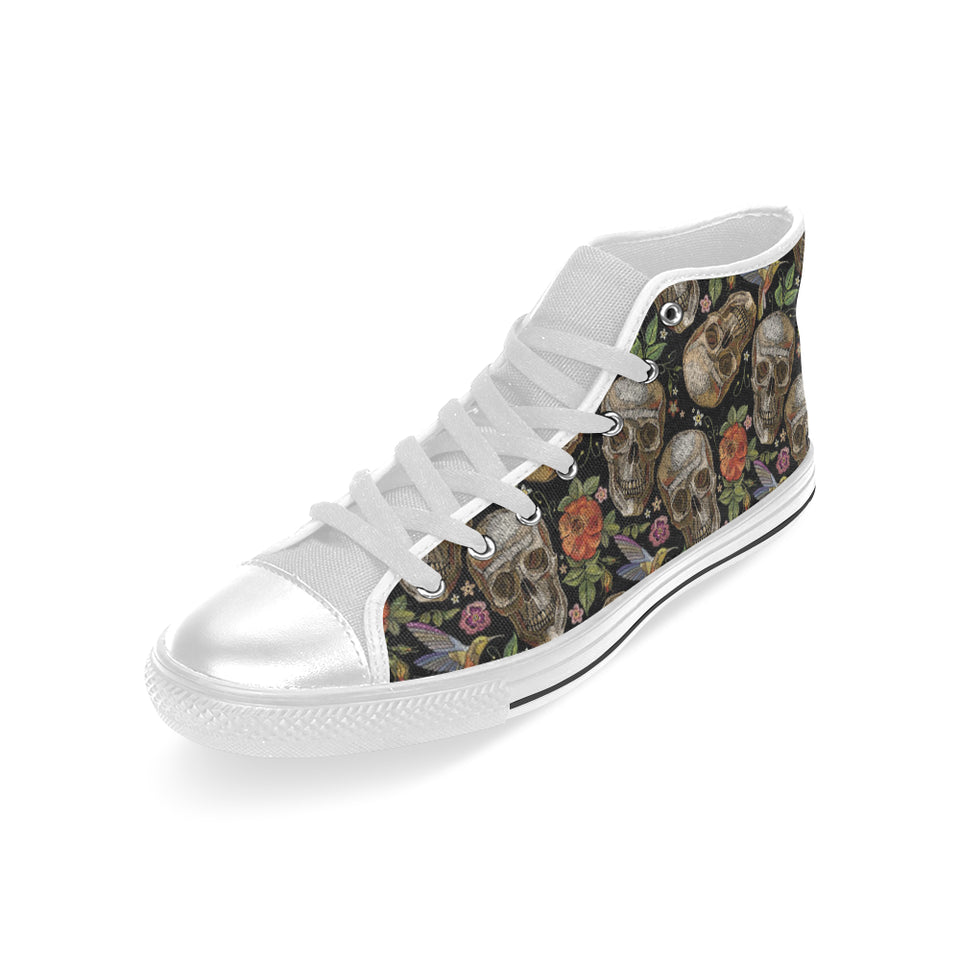 Skull rose humming bird flower pattern Men's High Top Canvas Shoes White
