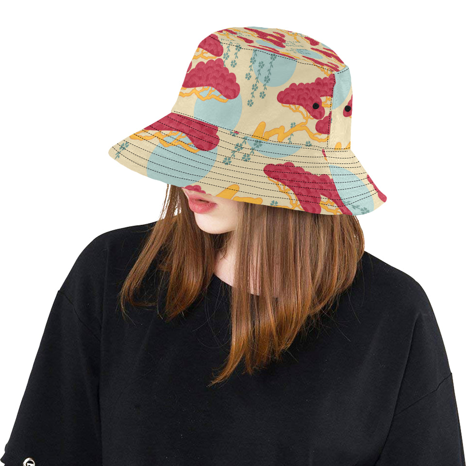 Red Bonsai gray sun japanese pattern Unisex Bucket Hat