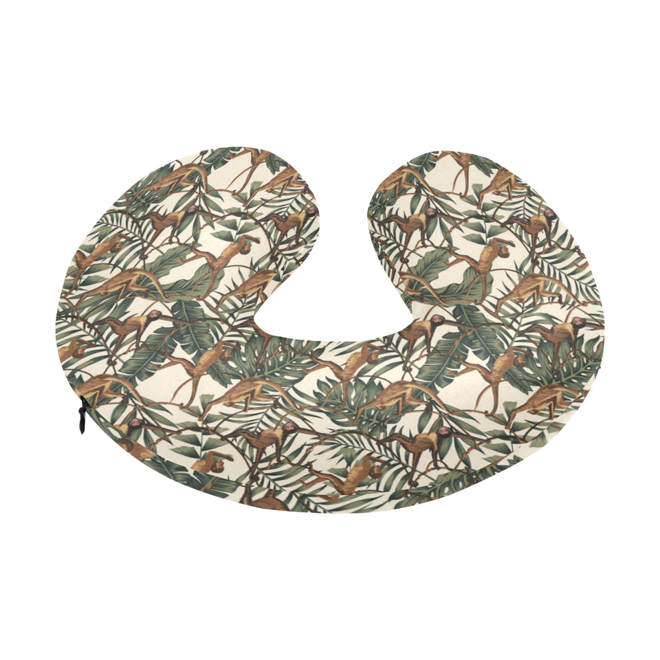 Monkey tropical leaves background U-Shaped Travel Neck Pillow