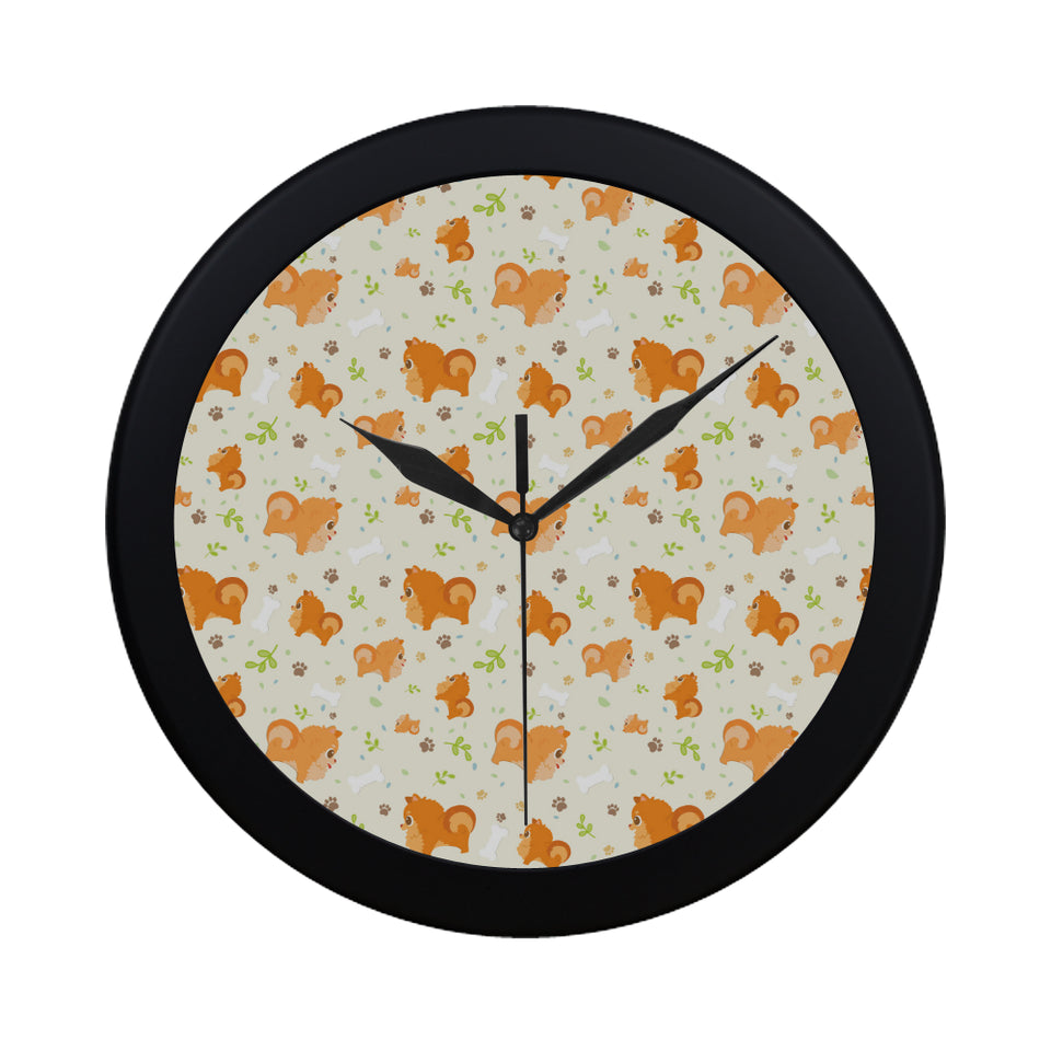Cute brown pomeranian paw leave bone pattern Elegant Black Wall Clock